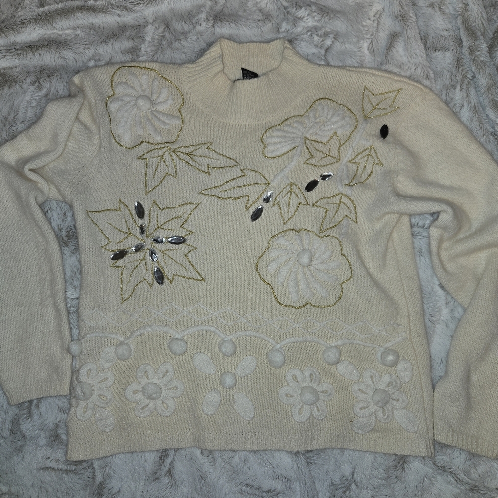 Vintage Silk Angora Lamb Wool Embellished Sweater [Large] Lux Classy Holiday